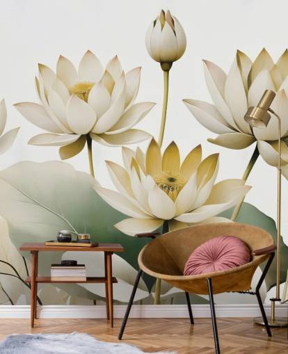 yellow, white and green calming floral mural called Breath of Lotus Yellow by Marina Stupakova