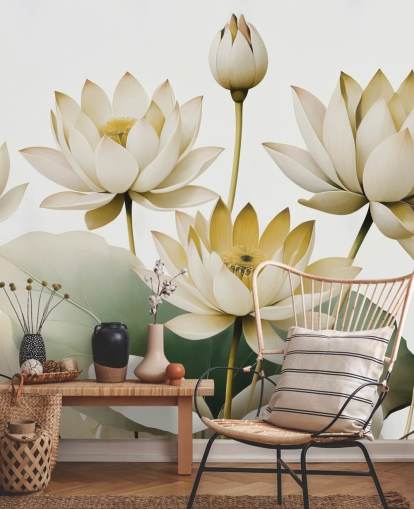 keltainen, valkoinen ja vihreä rauhoittava kukka-seinämaalaus nimeltä Breath of Lotus Yellow, kirjoittanut Marina Stupakova keltainen, valkoinen ja vihreä rauhoittava kukka-seinämaalaus nimeltä Breath of Lotus Yellow, kirjoittanut Marina Stupakova