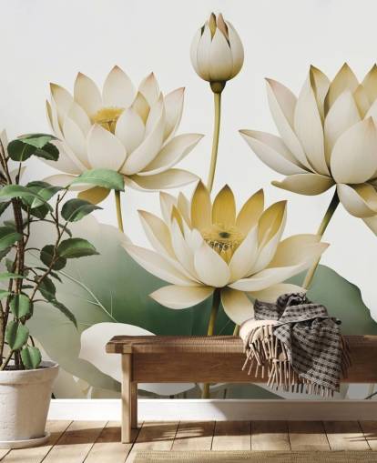 yellow, white and green calming floral mural called Breath of Lotus Yellow by Marina Stupakova