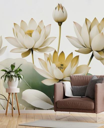 peinture murale florale apaisante jaune, blanche et verte appelée Breath of Lotus Yellow par Marina Stupakova