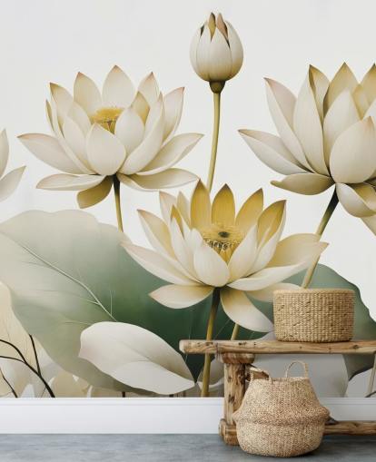peinture murale florale apaisante jaune, blanche et verte appelée Breath of Lotus Yellow par Marina Stupakova