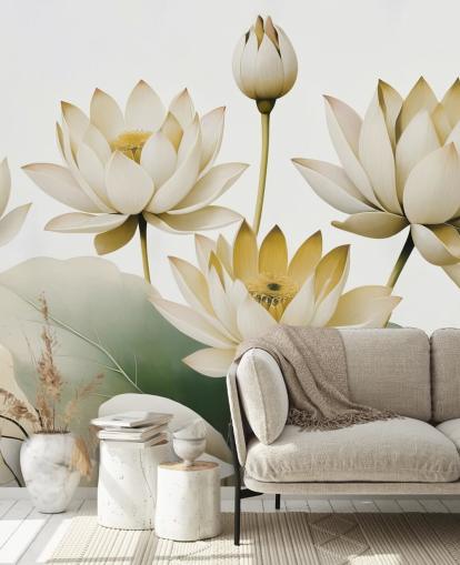 keltainen, valkoinen ja vihreä rauhoittava kukka-seinämaalaus nimeltä Breath of Lotus Yellow, kirjoittanut Marina Stupakova