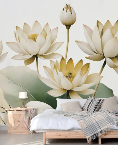 gul, vit och grön lugnande blommig väggmålning som heter Breath of Lotus Yellow av Marina Stupakova