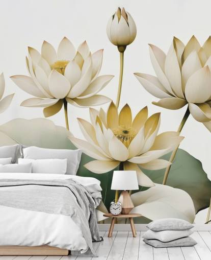 gelbes, weißes und grünes beruhigendes Blumengemälde namens Breath of Lotus Yellow von Marina Stupakova gelbes, weißes und grünes beruhigendes Blumengemälde namens Breath of Lotus Yellow von Marina Stupakova