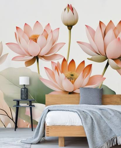 murale floreale rosa, bianco e verde chiamato Breath of Lotus di Marina Stupakova per camere da letto, salotti e uffici domestici
