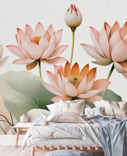 murale floreale rosa, bianco e verde chiamato Breath of Lotus di Marina Stupakova per camere da letto, salotti e uffici domestici murale floreale rosa, bianco e verde chiamato Breath of Lotus di Marina Stupakova per camere da letto, salotti e uffici domestici