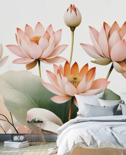 mural floral rosa, branco e verde chamado Breath of Lotus de Marina Stupakova para quartos, salas de estar e escritórios domésticos mural floral rosa, branco e verde chamado Breath of Lotus de Marina Stupakova para quartos, salas de estar e escritórios domésticos