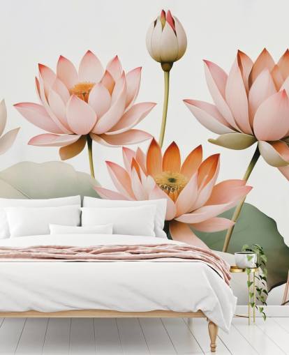 peinture murale florale rose, blanche et verte intitulée Breath of Lotus de Marina Stupakova pour les chambres, les salons et les bureaux à domicile peinture murale florale rose, blanche et verte intitulée Breath of Lotus de Marina Stupakova pour les chambres, les salons et les bureaux à domicile