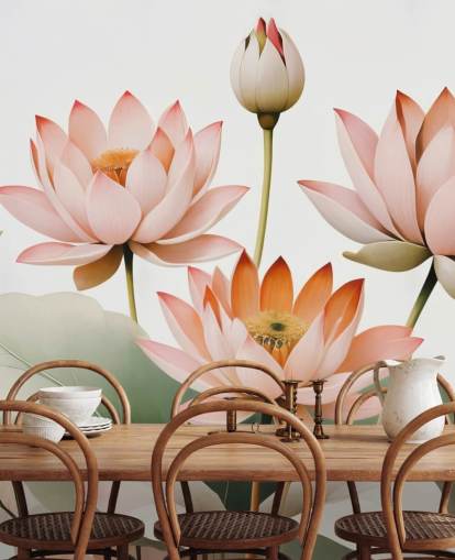 lyserødt, hvidt og grønt blomstermaleri kaldet Breath of Lotus af Marina Stupakova til soveværelser, stuer og hjemmekontorer