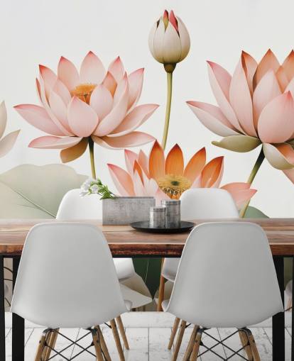 mural floral rosa, blanco y verde llamado Breath of Lotus de Marina Stupakova para dormitorios, salas de estar y oficinas en casa