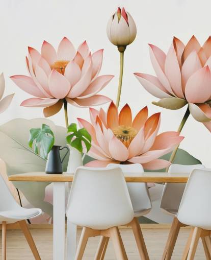 rosa, vit och grön blommig väggmålning kallad Breath of Lotus av Marina Stupakova för sovrum, vardagsrum och hemmakontor