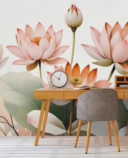 mural floral rosa, blanco y verde llamado Breath of Lotus de Marina Stupakova para dormitorios, salas de estar y oficinas en casa