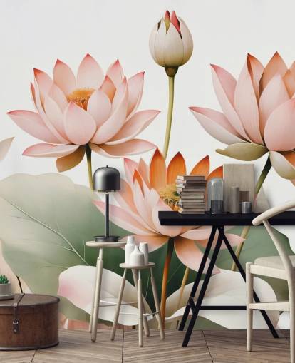 rosa, vit och grön blommig väggmålning kallad Breath of Lotus av Marina Stupakova för sovrum, vardagsrum och hemmakontor rosa, vit och grön blommig väggmålning kallad Breath of Lotus av Marina Stupakova för sovrum, vardagsrum och hemmakontor