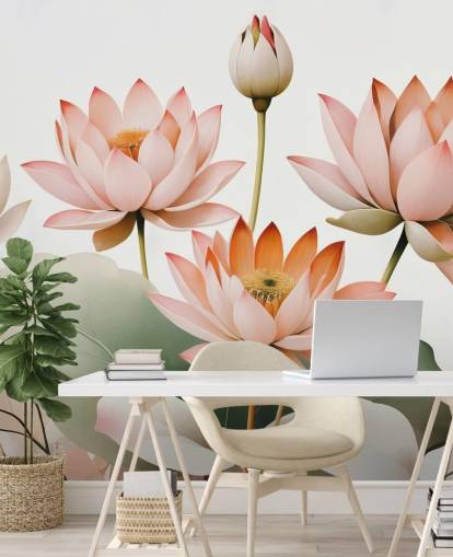 murale floreale rosa, bianco e verde chiamato Breath of Lotus di Marina Stupakova per camere da letto, salotti e uffici domestici murale floreale rosa, bianco e verde chiamato Breath of Lotus di Marina Stupakova per camere da letto, salotti e uffici domestici