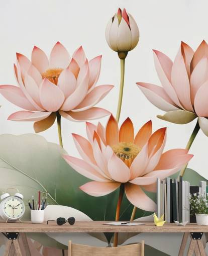 rosafarbenes, weißes und grünes Blumengemälde namens Breath of Lotus von Marina Stupakova für Schlafzimmer, Wohnzimmer und Heimbüros