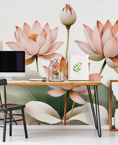 murale floreale rosa, bianco e verde chiamato Breath of Lotus di Marina Stupakova per camere da letto, salotti e uffici domestici