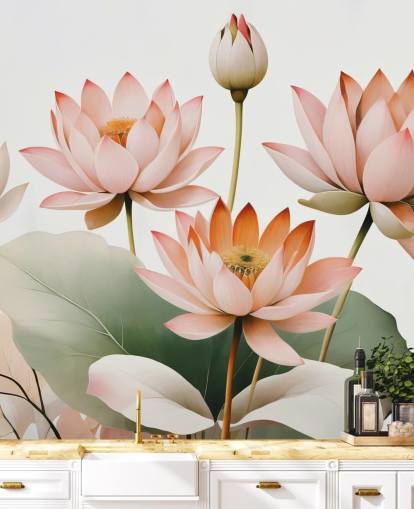 mural floral rosa, branco e verde chamado Breath of Lotus de Marina Stupakova para quartos, salas de estar e escritórios domésticos
