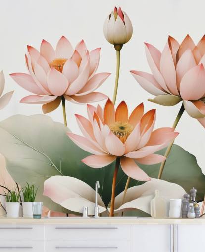 mural floral rosa, blanco y verde llamado Breath of Lotus de Marina Stupakova para dormitorios, salas de estar y oficinas en casa mural floral rosa, blanco y verde llamado Breath of Lotus de Marina Stupakova para dormitorios, salas de estar y oficinas en casa