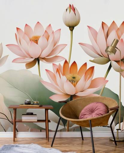 mural floral rosa, branco e verde chamado Breath of Lotus de Marina Stupakova para quartos, salas de estar e escritórios domésticos