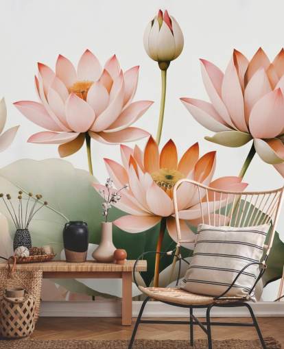 mural floral rosa, branco e verde chamado Breath of Lotus de Marina Stupakova para quartos, salas de estar e escritórios domésticos mural floral rosa, branco e verde chamado Breath of Lotus de Marina Stupakova para quartos, salas de estar e escritórios domésticos