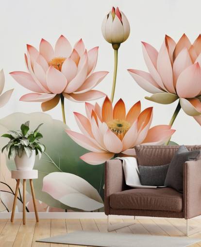 peinture murale florale rose, blanche et verte intitulée Breath of Lotus de Marina Stupakova pour les chambres, les salons et les bureaux à domicile peinture murale florale rose, blanche et verte intitulée Breath of Lotus de Marina Stupakova pour les chambres, les salons et les bureaux à domicile