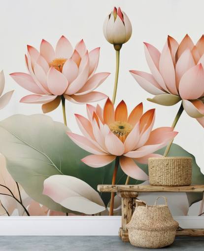 mural floral rosa, blanco y verde llamado Breath of Lotus de Marina Stupakova para dormitorios, salas de estar y oficinas en casa