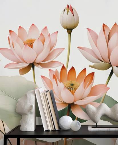 peinture murale florale rose, blanche et verte intitulée Breath of Lotus de Marina Stupakova pour les chambres, les salons et les bureaux à domicile