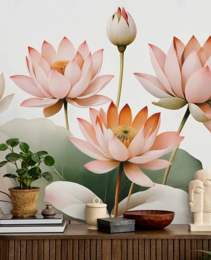 mural floral rosa, branco e verde chamado Breath of Lotus de Marina Stupakova para quartos, salas de estar e escritórios domésticos