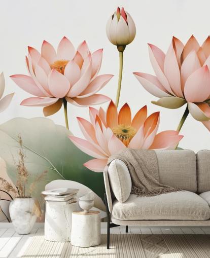 peinture murale florale rose, blanche et verte intitulée Breath of Lotus de Marina Stupakova pour les chambres, les salons et les bureaux à domicile