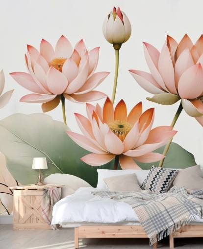 pink, white and green floral mural called Breath of Lotus by Marina Stupakova for bedrooms, living rooms and home offices