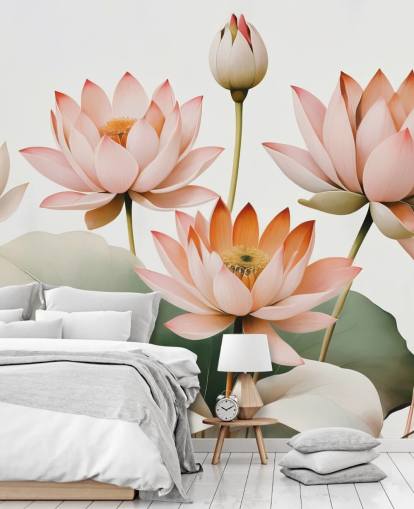 peinture murale florale rose, blanche et verte intitulée Breath of Lotus de Marina Stupakova pour les chambres, les salons et les bureaux à domicile peinture murale florale rose, blanche et verte intitulée Breath of Lotus de Marina Stupakova pour les chambres, les salons et les bureaux à domicile