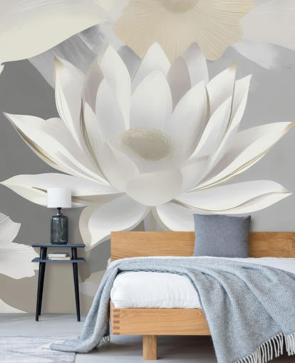 gray and white floral mural called Dance of Lotuses Gray by Marina Stupakova