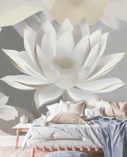 murale floreale grigio e bianco chiamato Dance of Lotuses Grey di Marina Stupakova