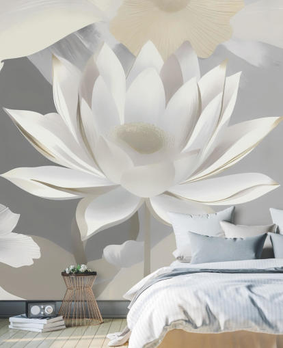 grått og hvitt blomstermaleri kalt Dance of Lotuses Grey av Marina Stupakova