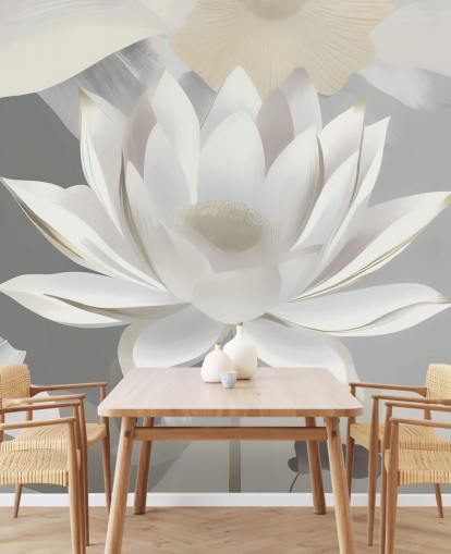 mural floral gris y blanco llamado Dance of Lotuses Grey de Marina Stupakova