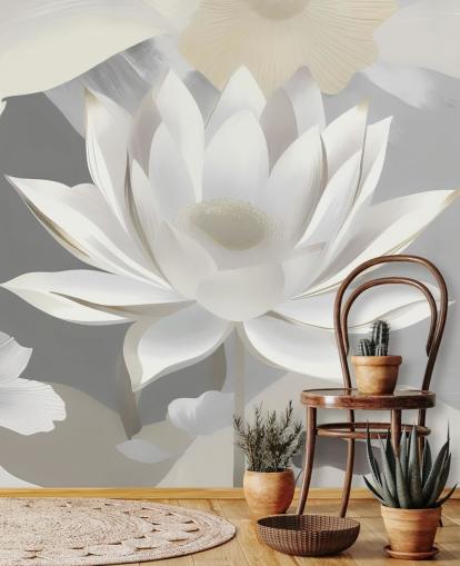 grijze en witte bloemenmuurschildering genaamd Dance of Lotuses Grey van Marina Stupakova grijze en witte bloemenmuurschildering genaamd Dance of Lotuses Grey van Marina Stupakova