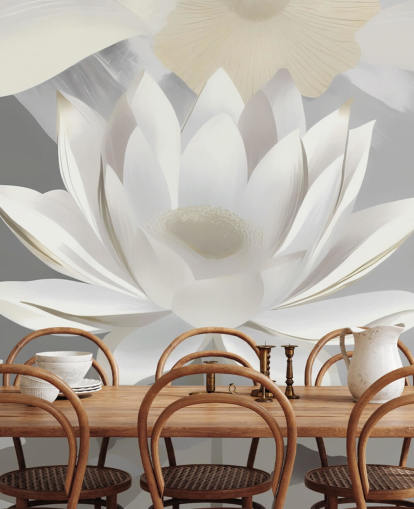 grå och vit blommig väggmålning som heter Dance of Lotuses Grey av Marina Stupakova