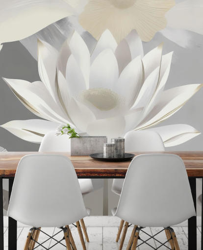 murale floreale grigio e bianco chiamato Dance of Lotuses Grey di Marina Stupakova