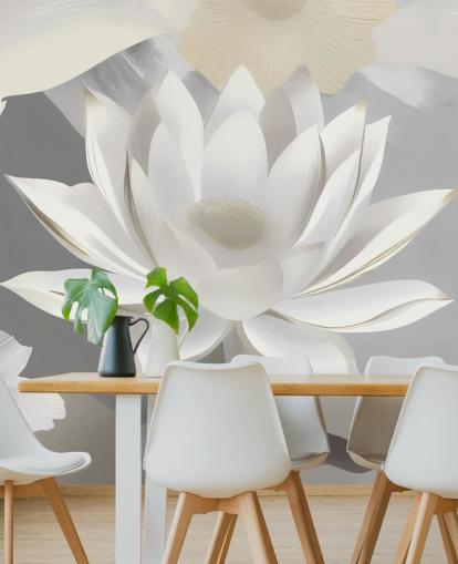 grått og hvitt blomstermaleri kalt Dance of Lotuses Grey av Marina Stupakova grått og hvitt blomstermaleri kalt Dance of Lotuses Grey av Marina Stupakova