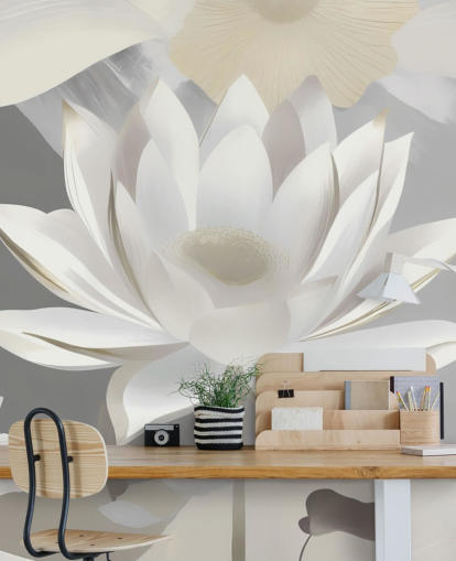 gray and white floral mural called Dance of Lotuses Gray by Marina Stupakova