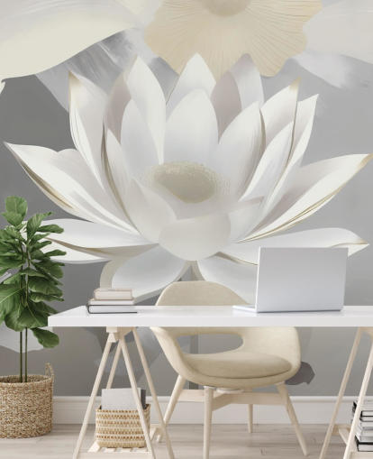 grått og hvitt blomstermaleri kalt Dance of Lotuses Grey av Marina Stupakova