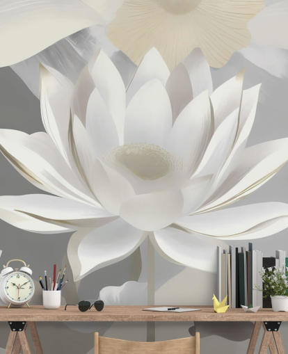 grey and white floral mural called Dance of Lotuses Grey by Marina Stupakova