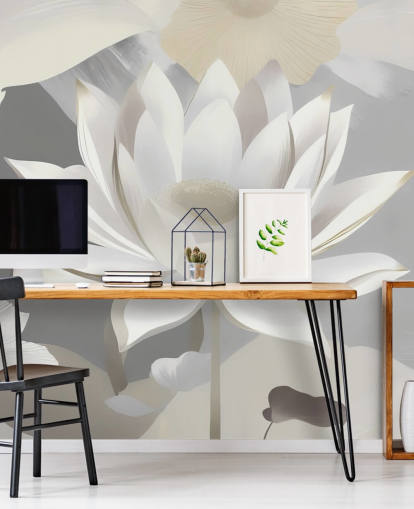 gray and white floral mural called Dance of Lotuses Gray by Marina Stupakova