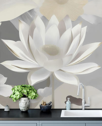 mural floral gris y blanco llamado Dance of Lotuses Grey de Marina Stupakova