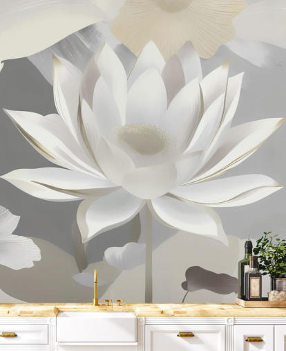 grey and white floral mural called Dance of Lotuses Grey by Marina Stupakova grey and white floral mural called Dance of Lotuses Grey by Marina Stupakova