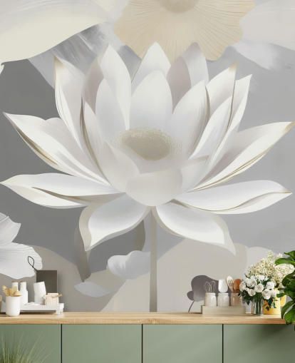 graues und weißes Blumengemälde namens Dance of Lotuses Grey von Marina Stupakova