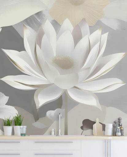 grått og hvitt blomstermaleri kalt Dance of Lotuses Grey av Marina Stupakova