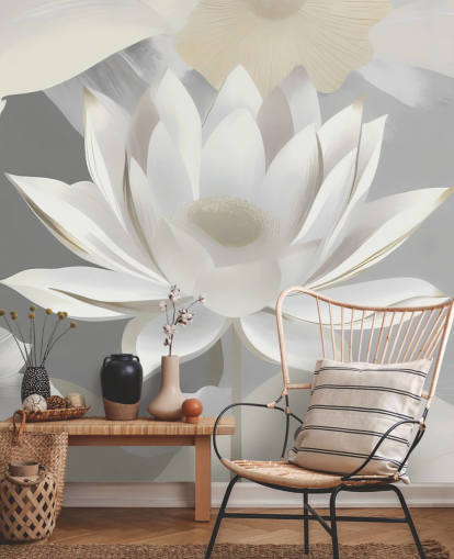 mural floral cinza e branco chamado Dance of Lotuses Grey de Marina Stupakova