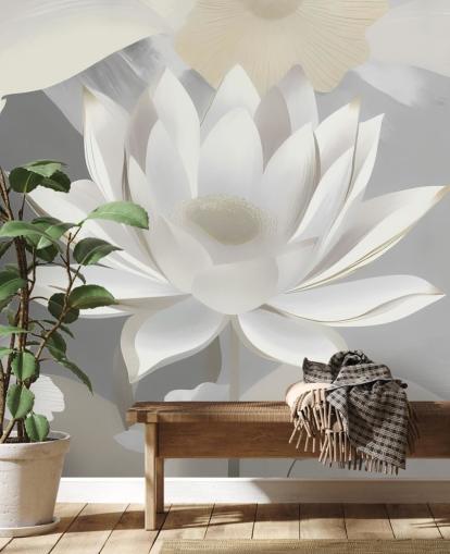 murale floreale grigio e bianco chiamato Dance of Lotuses Grey di Marina Stupakova