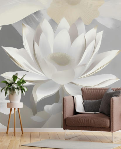 murale floreale grigio e bianco chiamato Dance of Lotuses Grey di Marina Stupakova